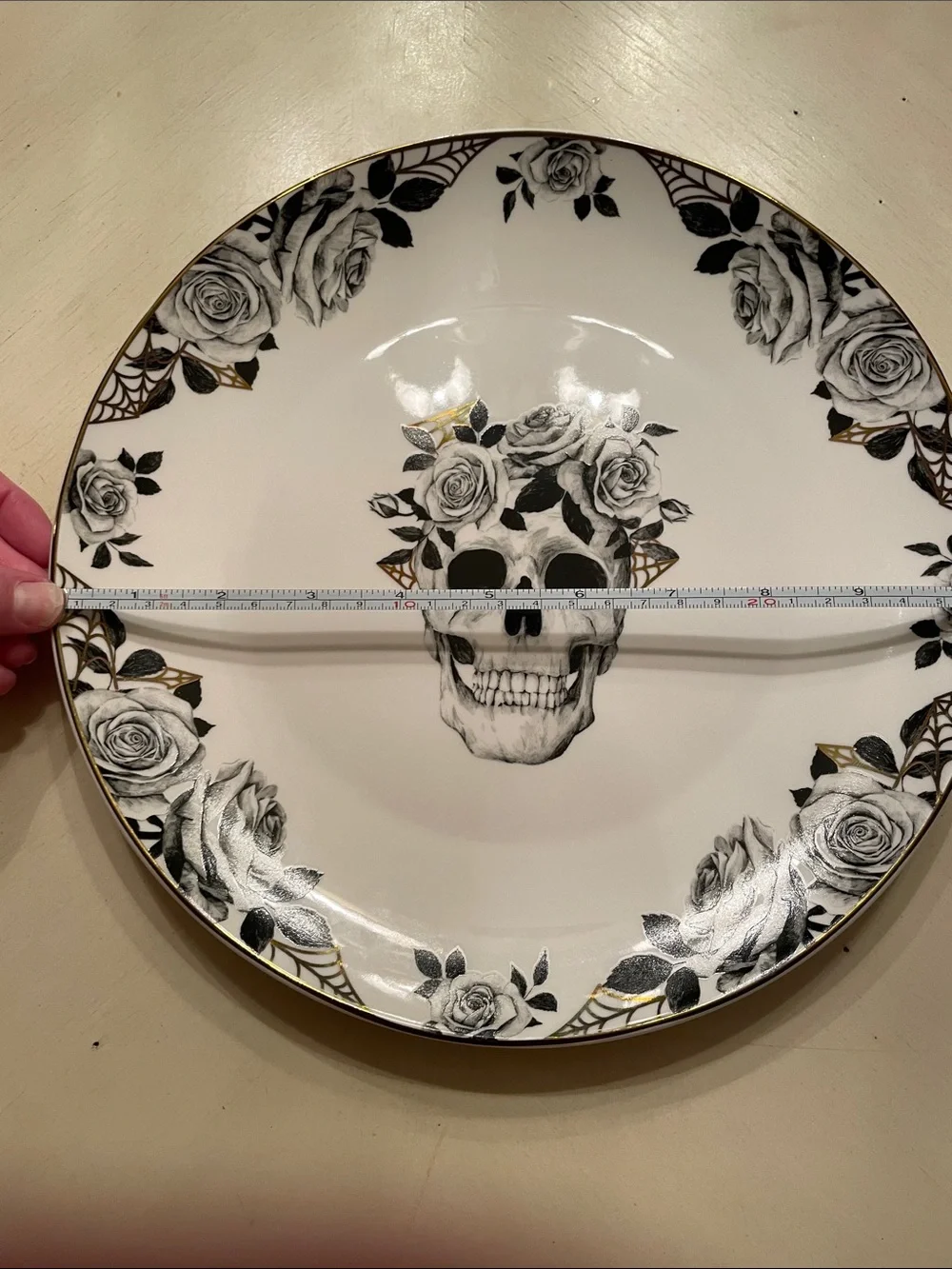 Porcelain Skull & Rose Dinner Plate in White and Black with Gold Rim